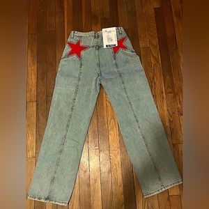 brand new flare jeans with red star patches on the butt (never worn) from amazon